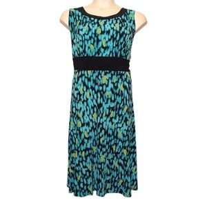 DRESSBARN Dress Sleeveless Blue Black Green Print Stretchy Midi Dress 16